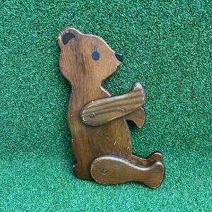 Vintage 70s 80s Midwest Taiwan Folk Art Handmade Wooden Teddy Bear Decor